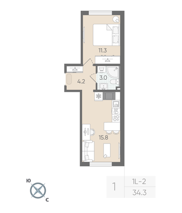 Продажа 1-комнатной квартиры 34,3 м², 11/22 этаж