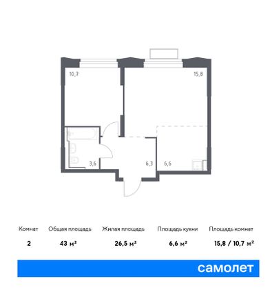 43 м², 1-комн. квартира, 23/24 этаж