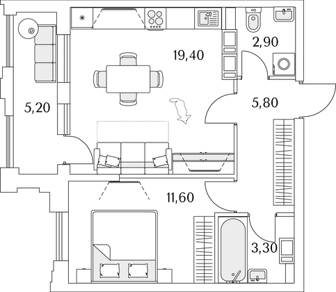 45,6 м², 1-комн. квартира, 12/13 этаж