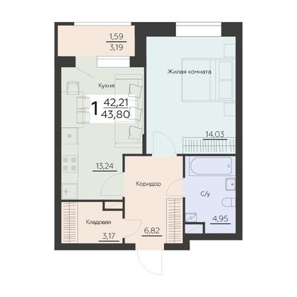 Продажа 1-комнатной квартиры 43,8 м², 6 этаж
