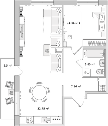 60,7 м², 1-комн. квартира, 2/16 этаж