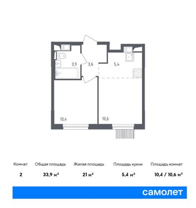 33,9 м², 2-комн. квартира, 10/17 этаж