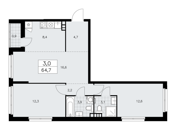 64,7 м², 3-комн. квартира, 7/14 этаж