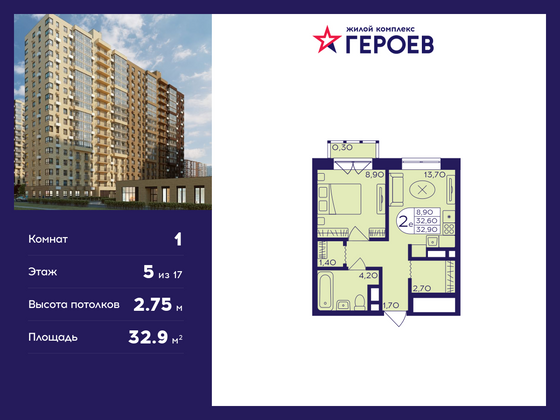 32,9 м², 1-комн. квартира, 5/17 этаж