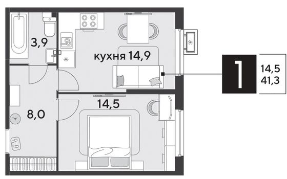 41,3 м², 1-комн. квартира, 2/9 этаж