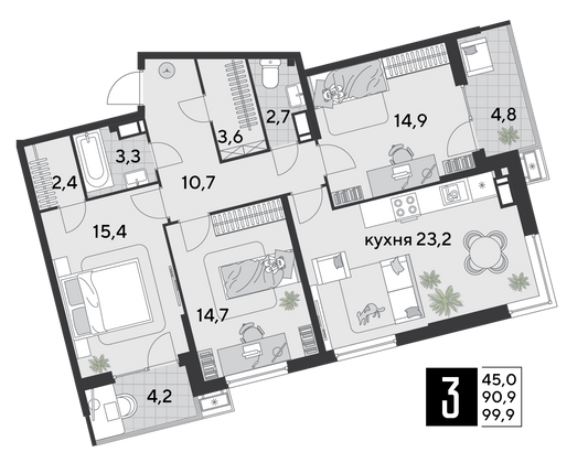 Продажа 3-комнатной квартиры 99,9 м², 10/18 этаж
