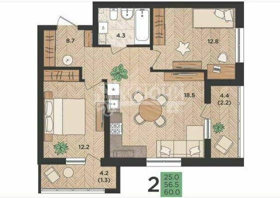 Продажа 2-комнатной квартиры 60 м², 11/24 этаж