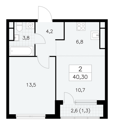 40,3 м², своб. планировка, 29/30 этаж