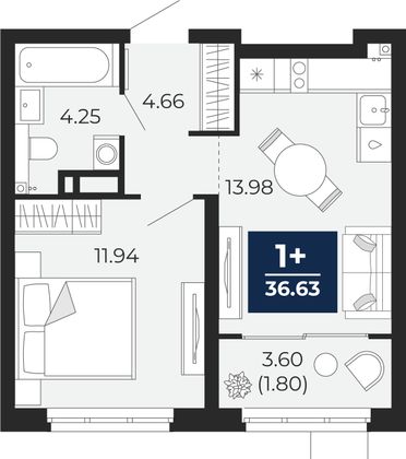 36,6 м², 1-комн. квартира, 13/15 этаж