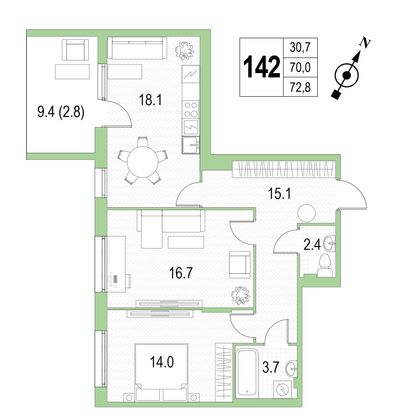Продажа 2-комнатной квартиры 72,8 м², 3/4 этаж