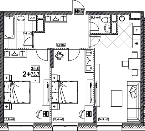 Продажа 2-комнатной квартиры 75,7 м², 2/24 этаж