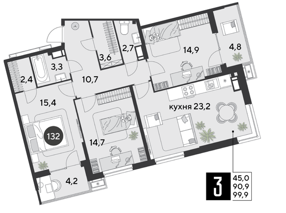 Продажа 3-комнатной квартиры 99,9 м², 15/18 этаж