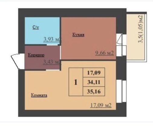 Продажа 1-комнатной квартиры 35,2 м², 12/16 этаж