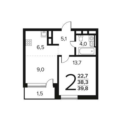 39,7 м², 2-комн. квартира, 12/12 этаж