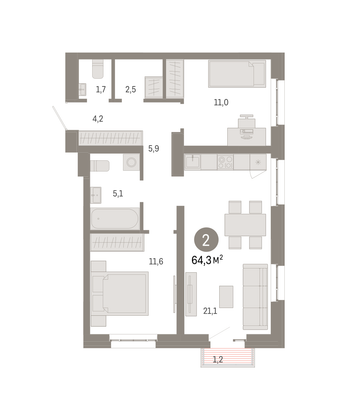 Продажа 2-комнатной квартиры 64,3 м², 6/16 этаж
