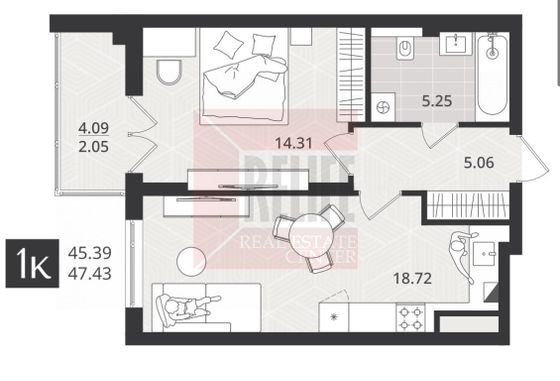 Продажа 1-комнатной квартиры 45,4 м², 2/4 этаж