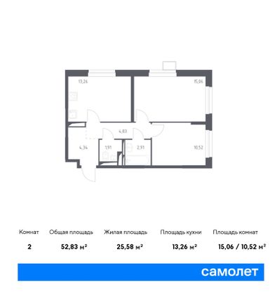 Продажа 2-комнатной квартиры 52,8 м², 2/17 этаж