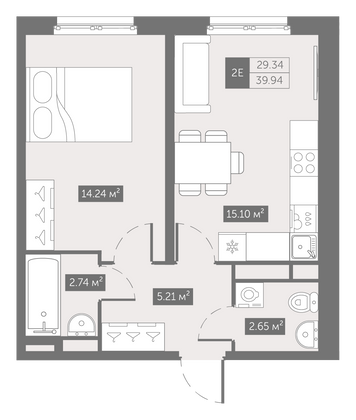 39,9 м², 1-комн. квартира, 4/14 этаж