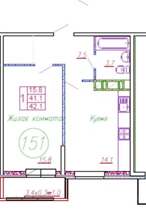 Аренда 1-комнатной квартиры 42,1 м², 7/13 этаж