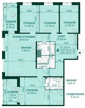 123 м², 4-комн. квартира, 3/14 этаж