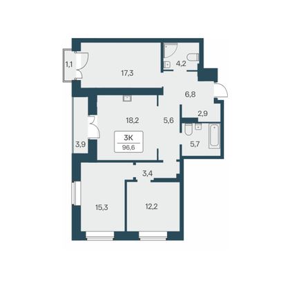 96,6 м², 3-комн. квартира, 4/30 этаж
