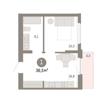 36,5 м², 1-комн. квартира, 6/8 этаж