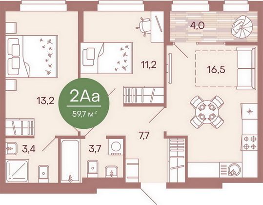 Продажа 2-комнатной квартиры 59,7 м², 2/17 этаж