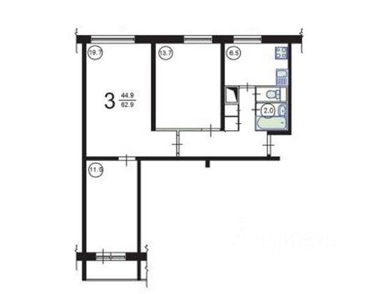 Продажа 3-комнатной квартиры 63 м², 2/12 этаж