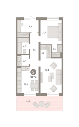 80,7 м², 2-комн. квартира, 1/6 этаж