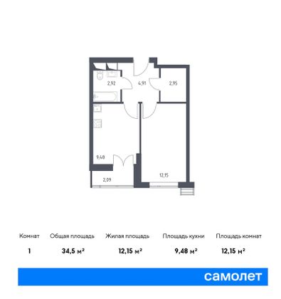 Продажа 1-комнатной квартиры 34,5 м², 6/28 этаж