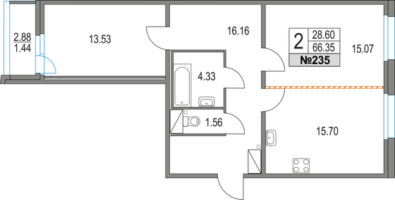 66,3 м², 2-комн. квартира, 12/16 этаж