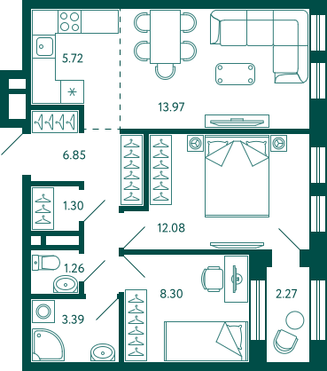 54 м², 2-комн. квартира, 4/27 этаж