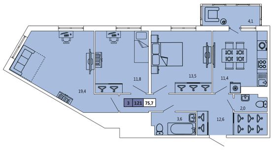 75,7 м², 3-комн. квартира, 11/11 этаж