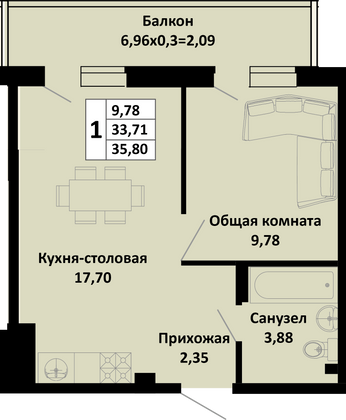 35,8 м², 1-комн. квартира, 3/4 этаж