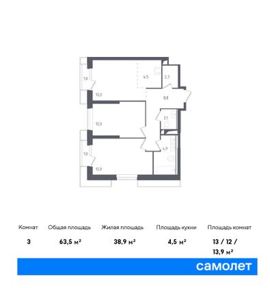 63,7 м², 2-комн. квартира, 2/30 этаж