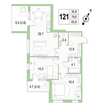 Продажа 2-комнатной квартиры 83,8 м², 4/4 этаж