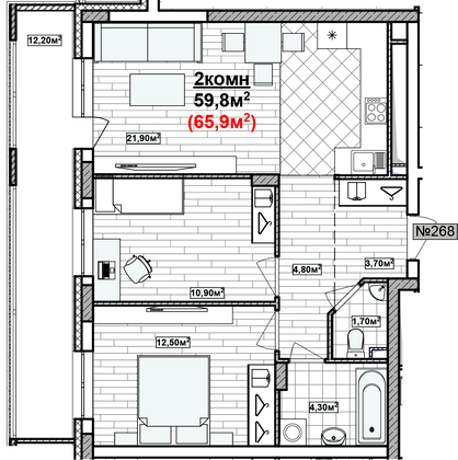 Продажа 2-комнатной квартиры 65,9 м², 3/19 этаж