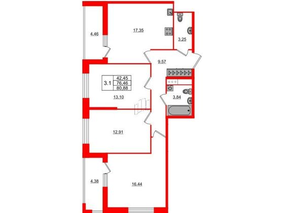Продажа 3-комнатной квартиры 76,5 м², 4/14 этаж
