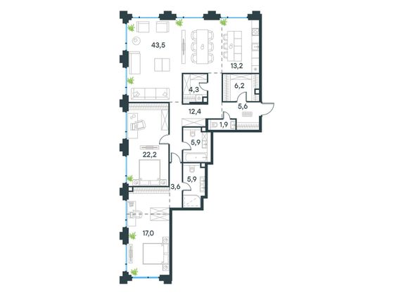 148,9 м², 3-комн. квартира, 2/21 этаж