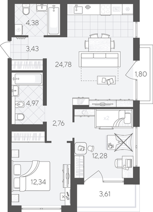 70,3 м², 2-комн. квартира, 5/9 этаж