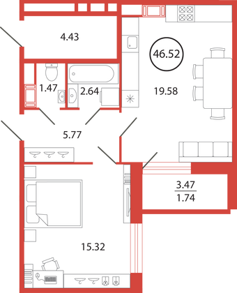 Продажа 1-комнатной квартиры 46,5 м², 9/12 этаж