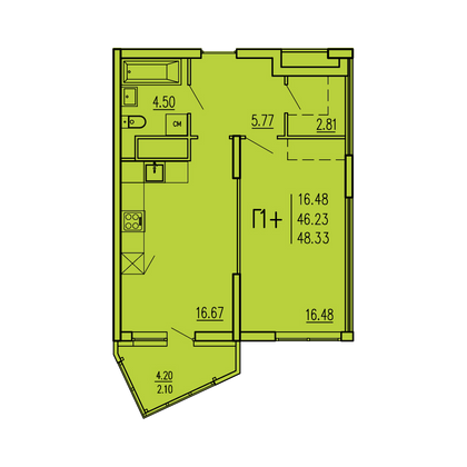 48,3 м², 1-комн. квартира, 9/17 этаж