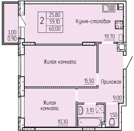 61 м², 2-комн. квартира, 2/4 этаж