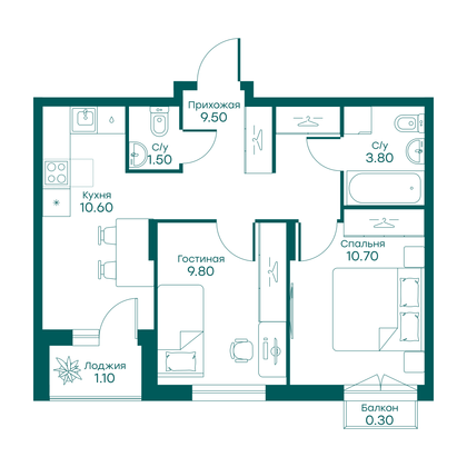 47,3 м², 2-комн. квартира, 6/6 этаж