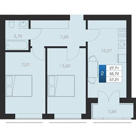 Продажа 2-комнатной квартиры 57 м², 1/4 этаж