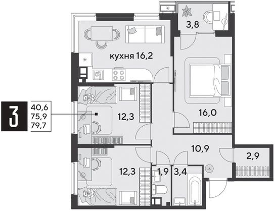 79,7 м², 3-комн. квартира, 6/18 этаж