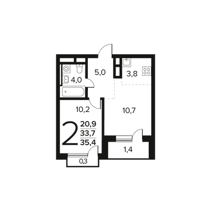 Продажа 2-комнатной квартиры 35,4 м², 5/14 этаж