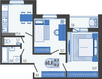 60,8 м², 2-комн. квартира, 15/16 этаж