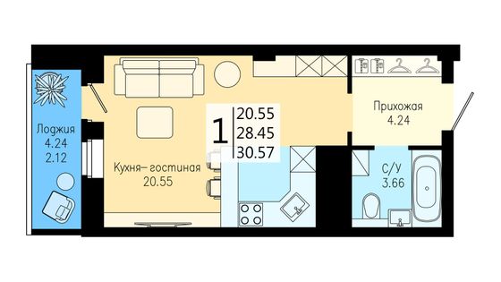 Продажа квартиры-студии 30,6 м², 21/25 этаж