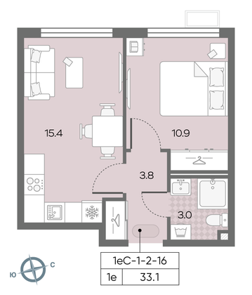 Продажа 1-комнатной квартиры 33,1 м², 9/24 этаж